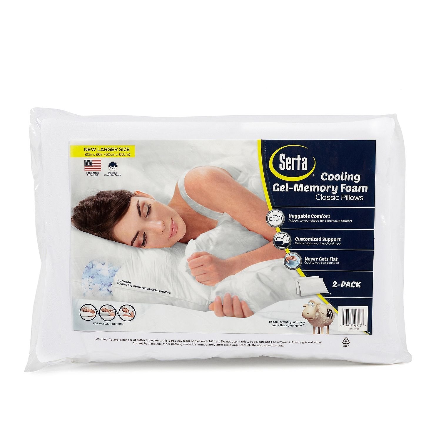 Serta Gel Memory Foam Pillows (Set Of 2) Standard 20   X26    Cooling Technology Plus Bonus Pillow Protectors-(Set Of 2)